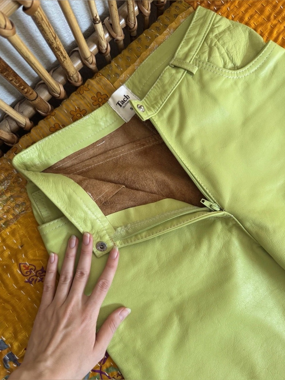 $395 TACH clothing Genuine Leather lime Green Pants size Small